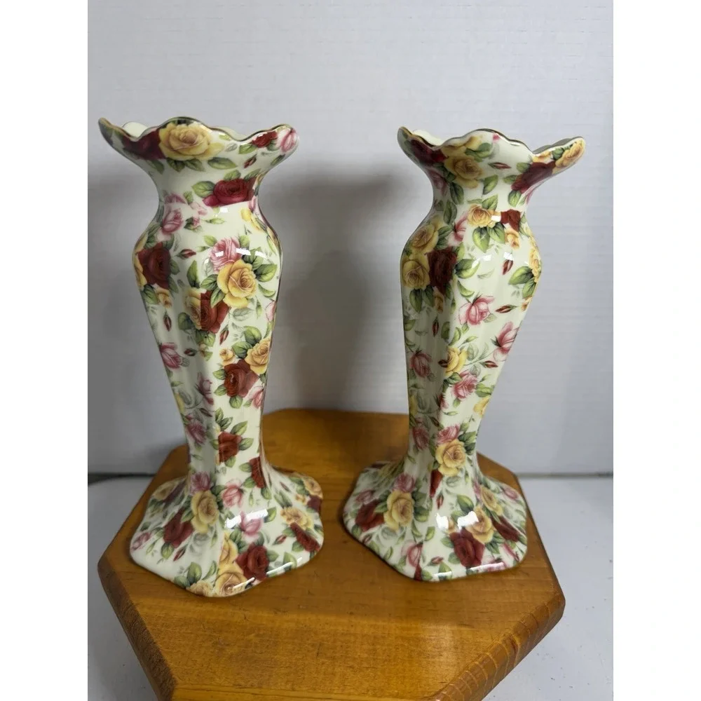 Pair Fine Porcelain Floral Candle Holders | English Rose Design | Gold Trim 7.5